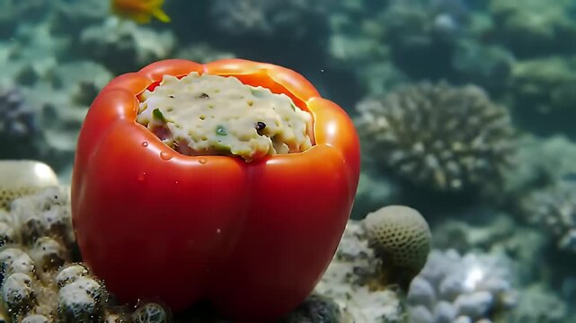Stuffed red bell pepper on coral, underwater, with fish in background