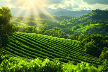 Vineyard landscape under sunny sky