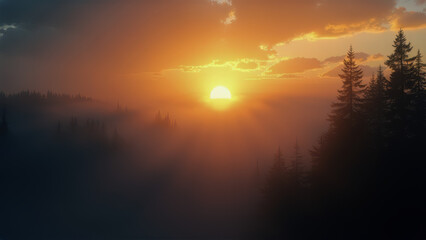 Misty Forest Sunrise Over Mountains