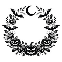 pumpkin, black, white, gothic, harvest, wreath, design, roses, bats, halloween, spooky, autumn, decor, fall, monochrome, botanical, nature, festive, indoor, decorative, holiday, october, scary, season