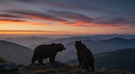 Two bears silhouetted against a vibrant mountain sunrise