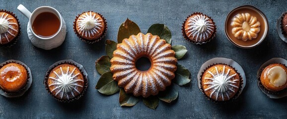 Assorted Cup Cakes And Ring Cake On Dark Background