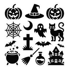 Pumpkin black and white Halloween icons featuring pumpkins, bats, ghosts, witches, and haunted houses. Suitable for spooky graphic designs.