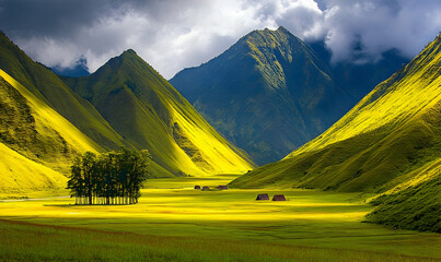 Mountain valley landscape with yellow grass