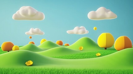 Cartoon landscape with rolling hills and clouds