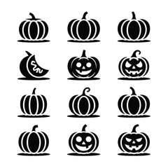 Pumpkin black and white jackolantern icons perfect for spooky Halloween designs. Suitable for Halloweenthemed decorations, invitations, and graphic design projects.