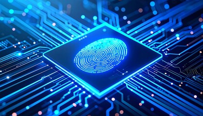Digital Fingerprint Security: A futuristic visualization of a digital fingerprint integrated within a circuit board, symbolizing advanced security in technology.