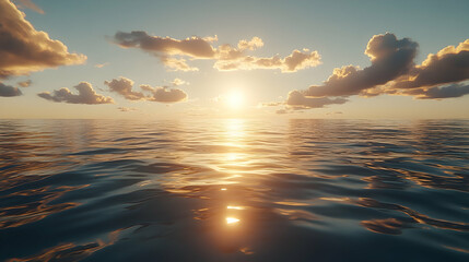 Ocean sunset golden hour seascape with calm water and clouds
