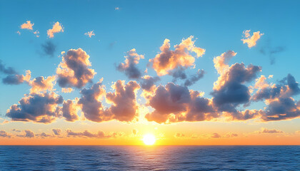 Vibrant sunset over calm ocean colorful cloudscape and horizon view