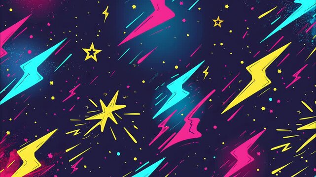 Abstract illustration of colorful lightning bolts and stars scatter across a deep navy sky