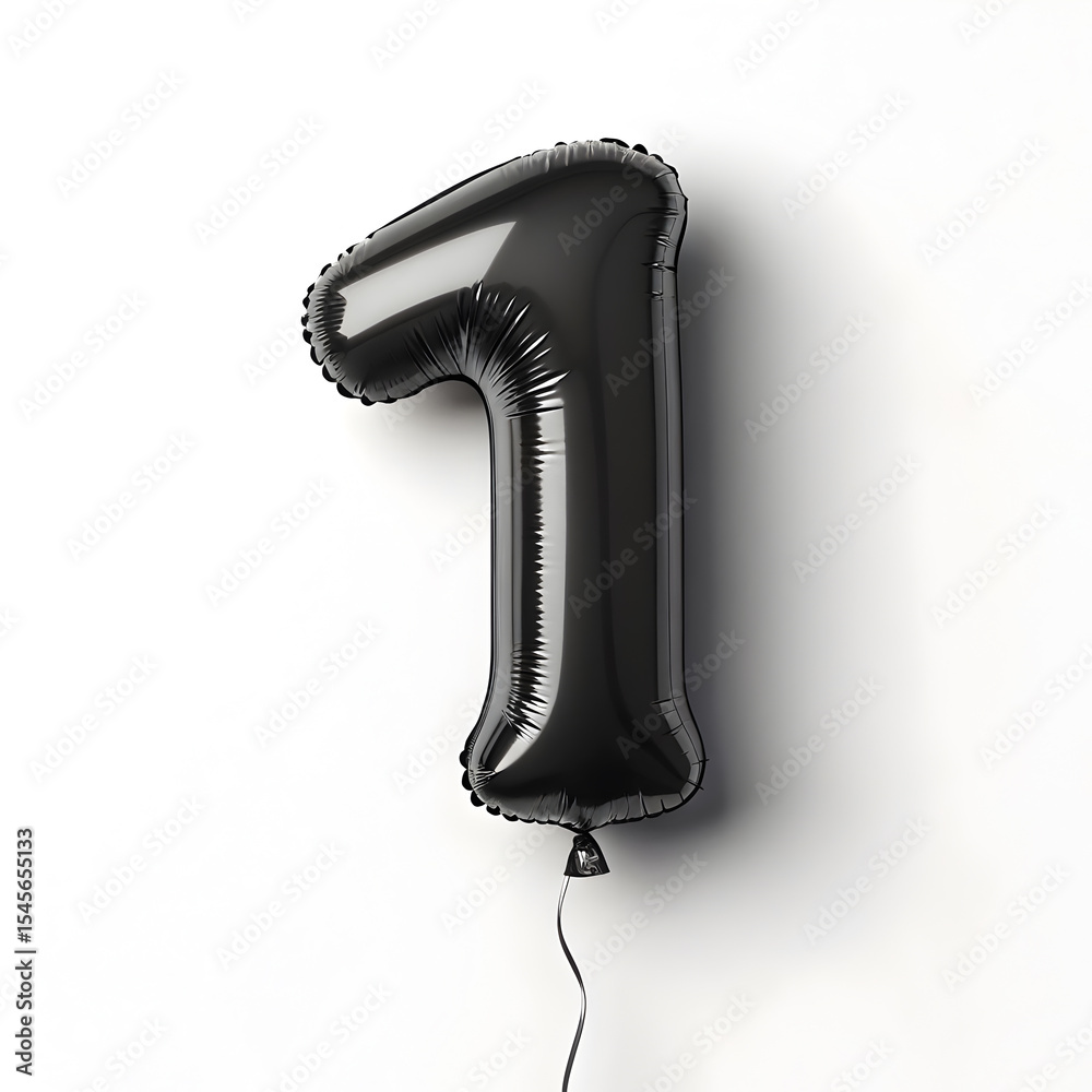 Fototapete a balloon shaped like the number 1,matte black metallic finish with realistic reflections and smooth