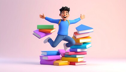 Happy cartoon student jumping with stacks of colorful books