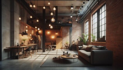 A loft style studio apartment with exposed brick walls and indus