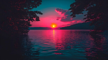 Sunset over calm lake view