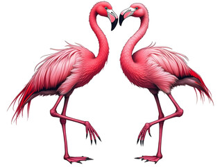 Obraz premium Two Pink Flamingos Detailed Etching Style Birds Facing Each Other Forming Heart Shape isolated on a transparent background