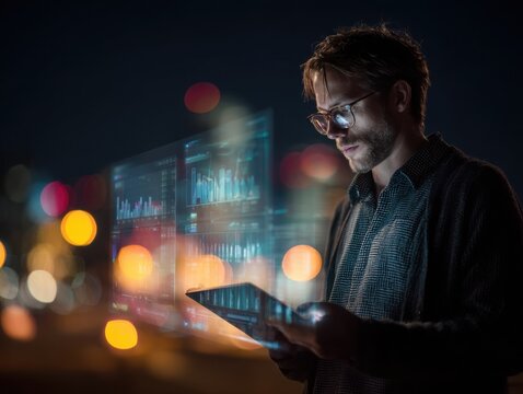 Young businessman analyzing holographic data visualization at night, futuristic mobile office concept with AR interface and city lights bokeh background