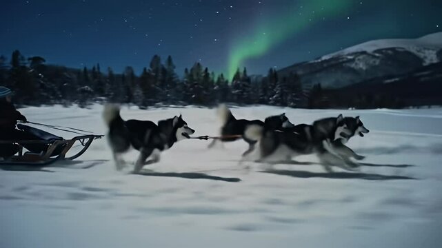 Husky sled dogs run across snowy landscape under starry night sky with aurora borealis