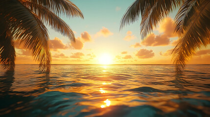 Sunset over ocean framed by palm trees