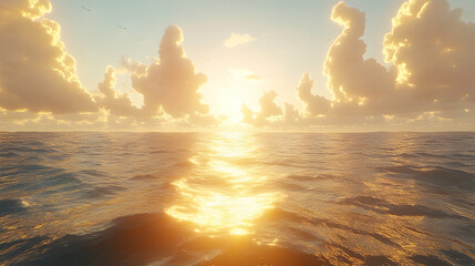 Golden ocean sunset calm sea fluffy clouds reflected sunlight