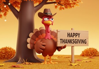 Cute Cartoon Turkey in Cowboy Hat Welcomes Thanksgiving. Generative Ai