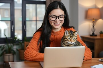 Smiling woman works from home with adorable cat