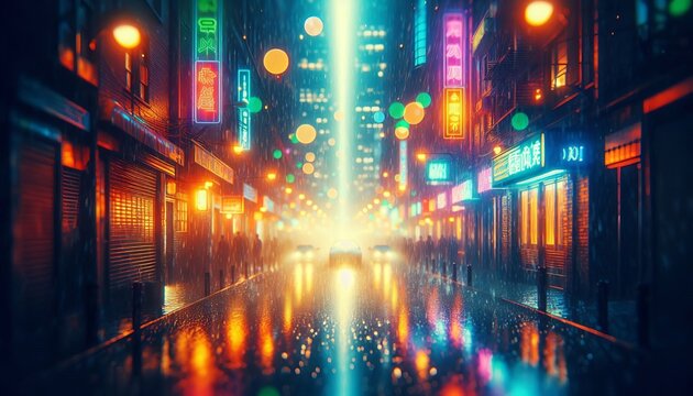 Bokeh with neon and rain in alley—bright light spots through r