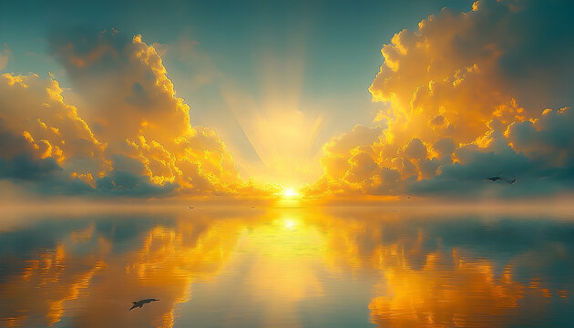 Golden sunrise over calm water