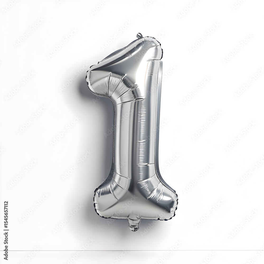 Fototapete a balloon shaped like the number 1 ,silver metallic finish with realistic reflections and smooth tex