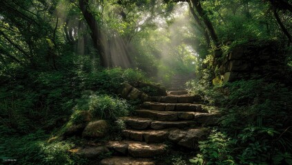 Sunbeams pierce a lush, green forest, illuminating a stone staircase winding upward through dense vegetation and ancient stonework