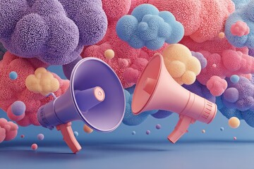 Colorful Megaphones Surrounded by Pastel Speech Bubbles and Floating Clouds