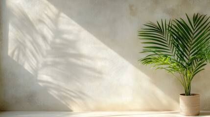 Green plant casts beautiful shadow on sunlit plaster wall, creating serene atmosphere