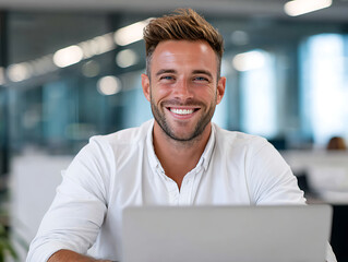 Smiling Man Working at a Laptop in a Modern Office During the Daytime