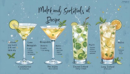 Cosmopolitan, Lime Martini, Mojito, Long Island cocktails with garnish. Watercolor poster illustration with recipe .
