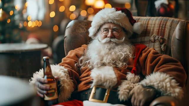 Cozy armchair cradles a weary Santa Claus, his droopy eyes betraying exhaustion. He enjoys a bottle of beer while festive garlands twinkle softly in the background, capturing holiday fatigue