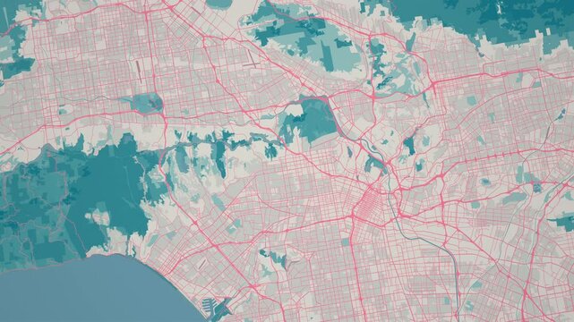 Zoom in on the map of Los Angeles City in California, with text. Cinematic digital abstract 3d world map animation highlights aerial views, tourism, and travel. 4k
