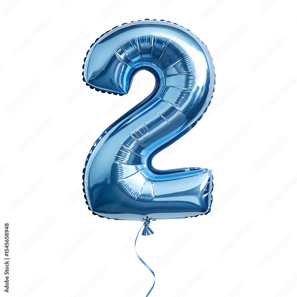 Fototapete a balloon shaped like the number 2, chrome blue metallic finish with realistic reflections and smoot