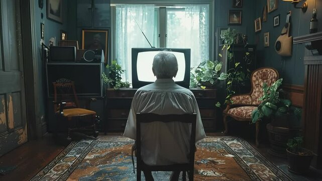 An elderly man sits alone in a dimly lit living room, staring at a blank television screen. His vacant expression highlights the loneliness and emotional impact of excessive television consumption