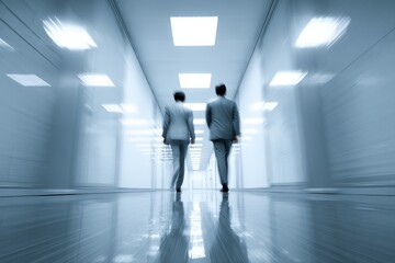 Businesspeople Walking in Modern Office Corridor with Abstract Blue Tone and Reflections