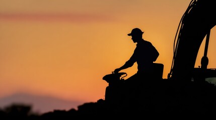 Excavator operator at sunset construction site silhouette image urban environment side view hard work concept