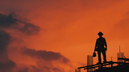 Fototapeta premium Construction worker silhouetted against dramatic sunset urban building site photography industrial environment low angle view labor spirit