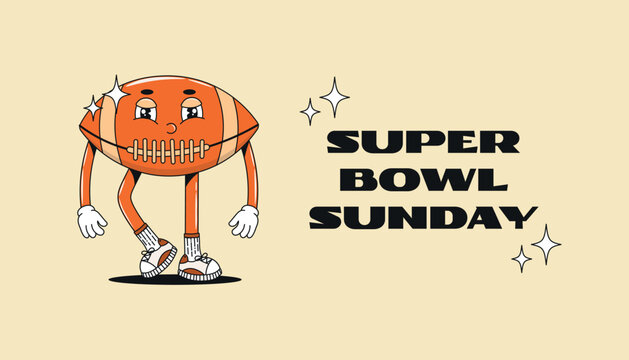 Funky groovy banner for Super Bowl Sunday with football character, mascot with arms, legs, gloves, and sneakers for sports-themed posters, social media, ads. Vector illustration.