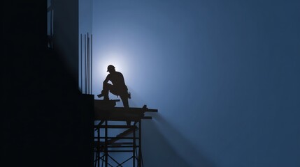 Fototapeta premium Construction worker on scaffolding urban building site silhouette image nighttime low angle labor and industry concept