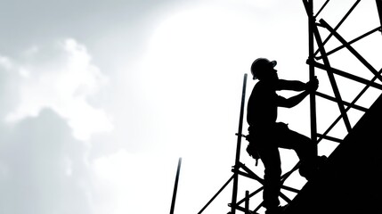Construction worker scaling scaffolding urban setting silhouette image dramatic lighting inspirational concept