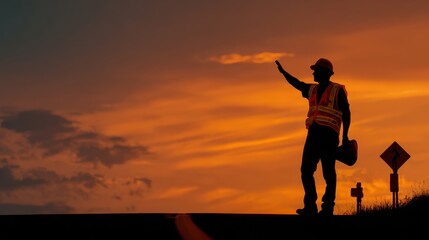 Construction worker signaling at sunset outdoor highway photography scenic landscape silhouette concept