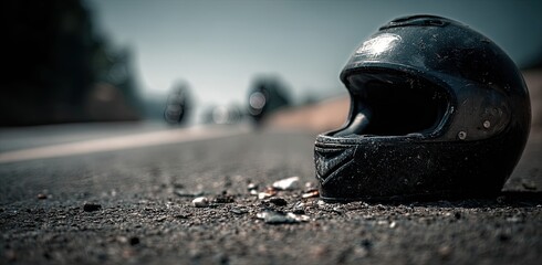 Scratched motorcycle helmet lies on asphalt road, blurred motorcyclists in background