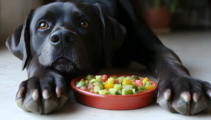 Black dog with bowl of healthy food close up