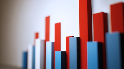 Close-up of red and blue bar chart representing political polling data, election results or voting statistics. Political analysis, democratic process and public opinion research concept.