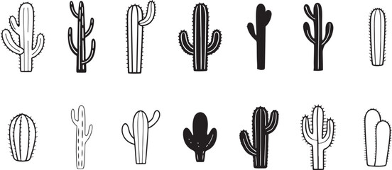 Hand Drawn Cactus Illustration Set in Black and White Style.