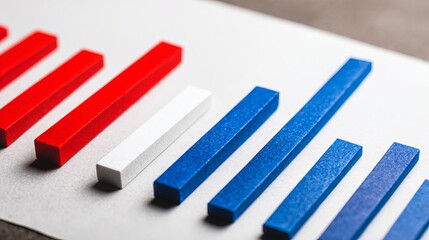 Close-up of red and blue bar chart representing political polling data, election results or voting statistics. Political analysis, democratic process and public opinion research concept.