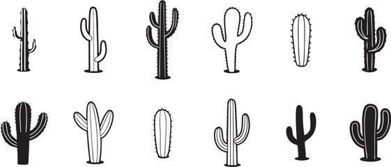 Hand Drawn Cactus Illustration Set in Black and White Style.